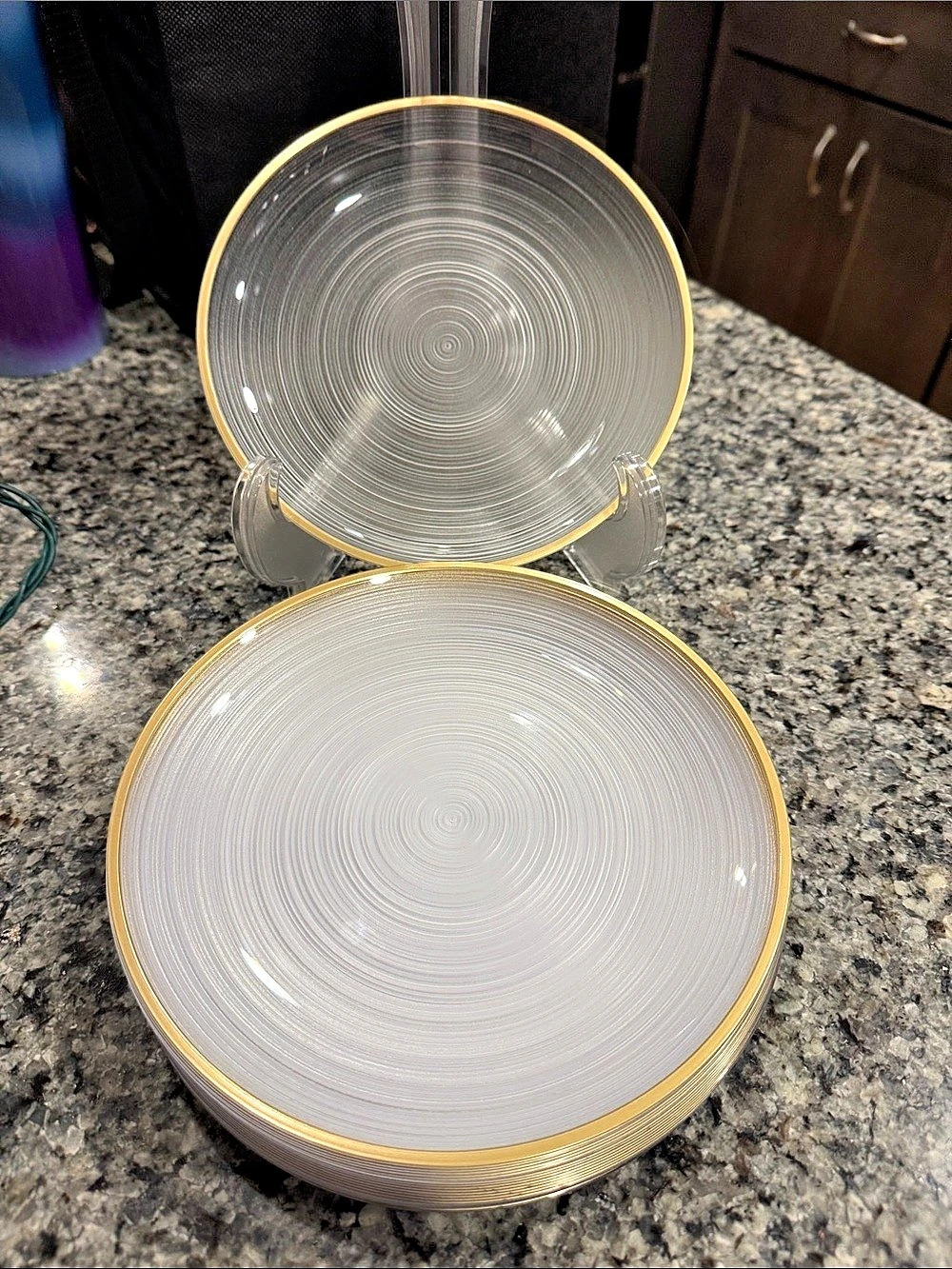 Clear Swirl & Gold Trim plastic 9” plates (24 total)